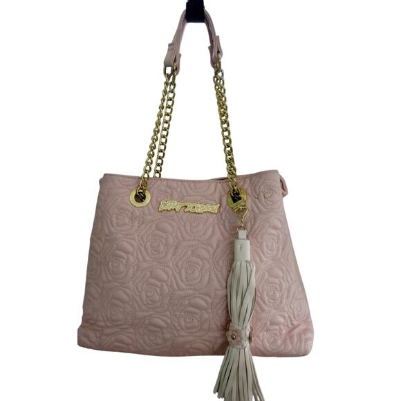 Vintage Women's Betsy Johnson Pink Rose Flower Shoulder Tassels Gold Chain - Picture 1 of 16